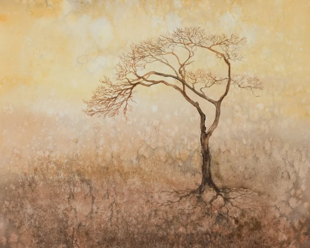 Akvarel - osamocený strom v podzimní krajině.